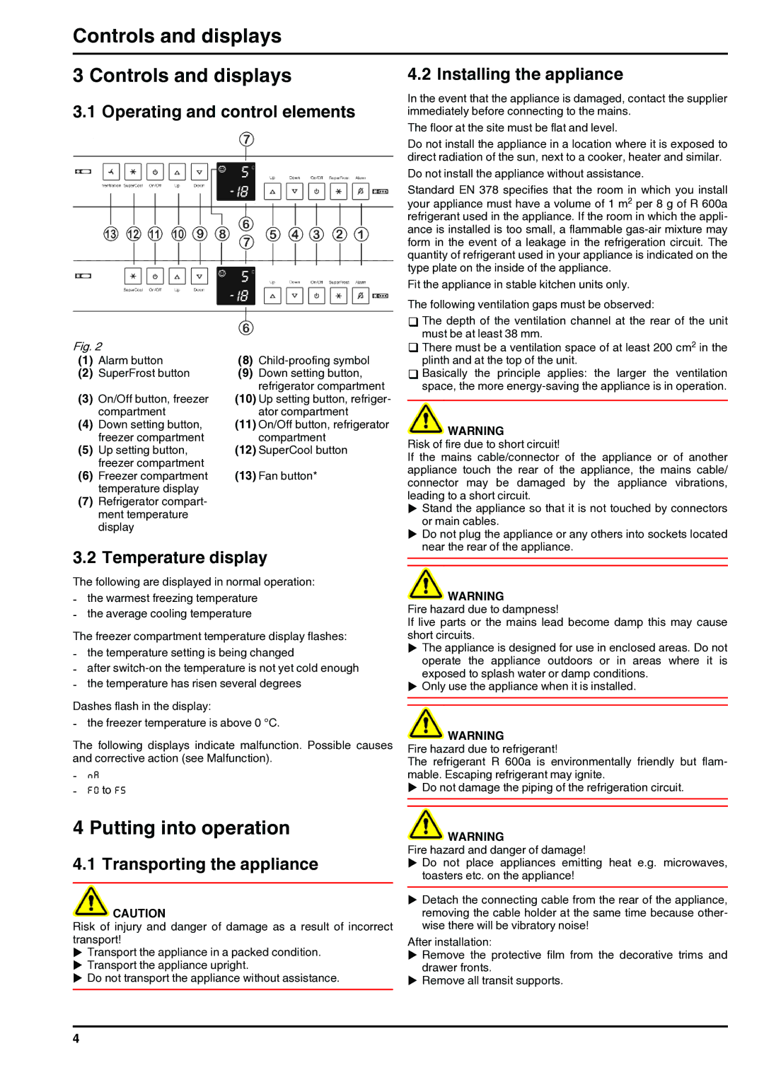 Liebherr 7084284-03 installation instructions Controls and displays, Putting into operation 