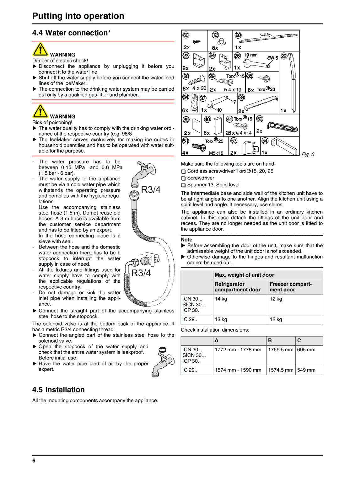 Liebherr 7084284-03 installation instructions Water connection, Installation 