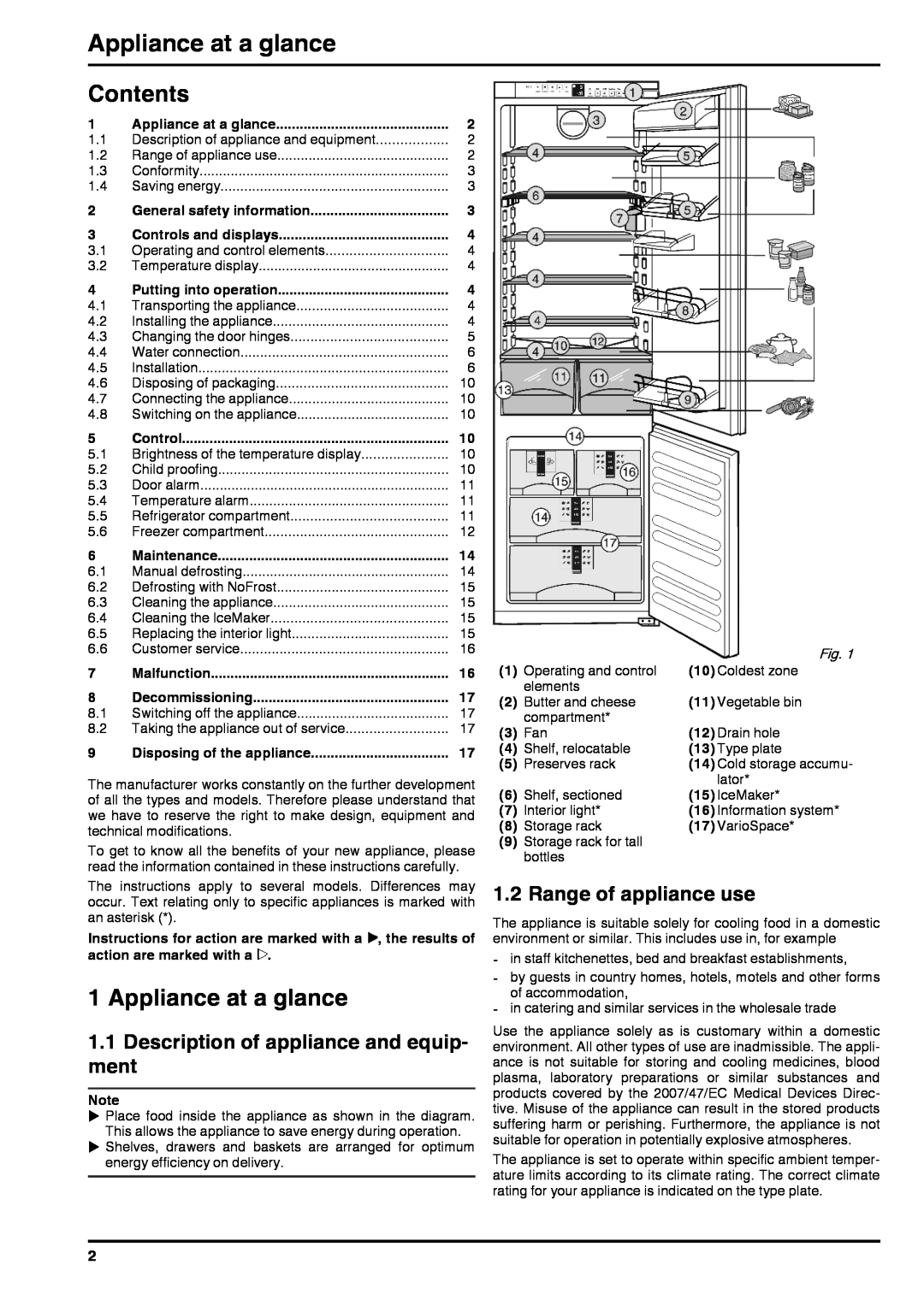Liebherr 7084284-03 Appliance at a glance, Contents, Description of appliance and equip- ment, Range of appliance use 