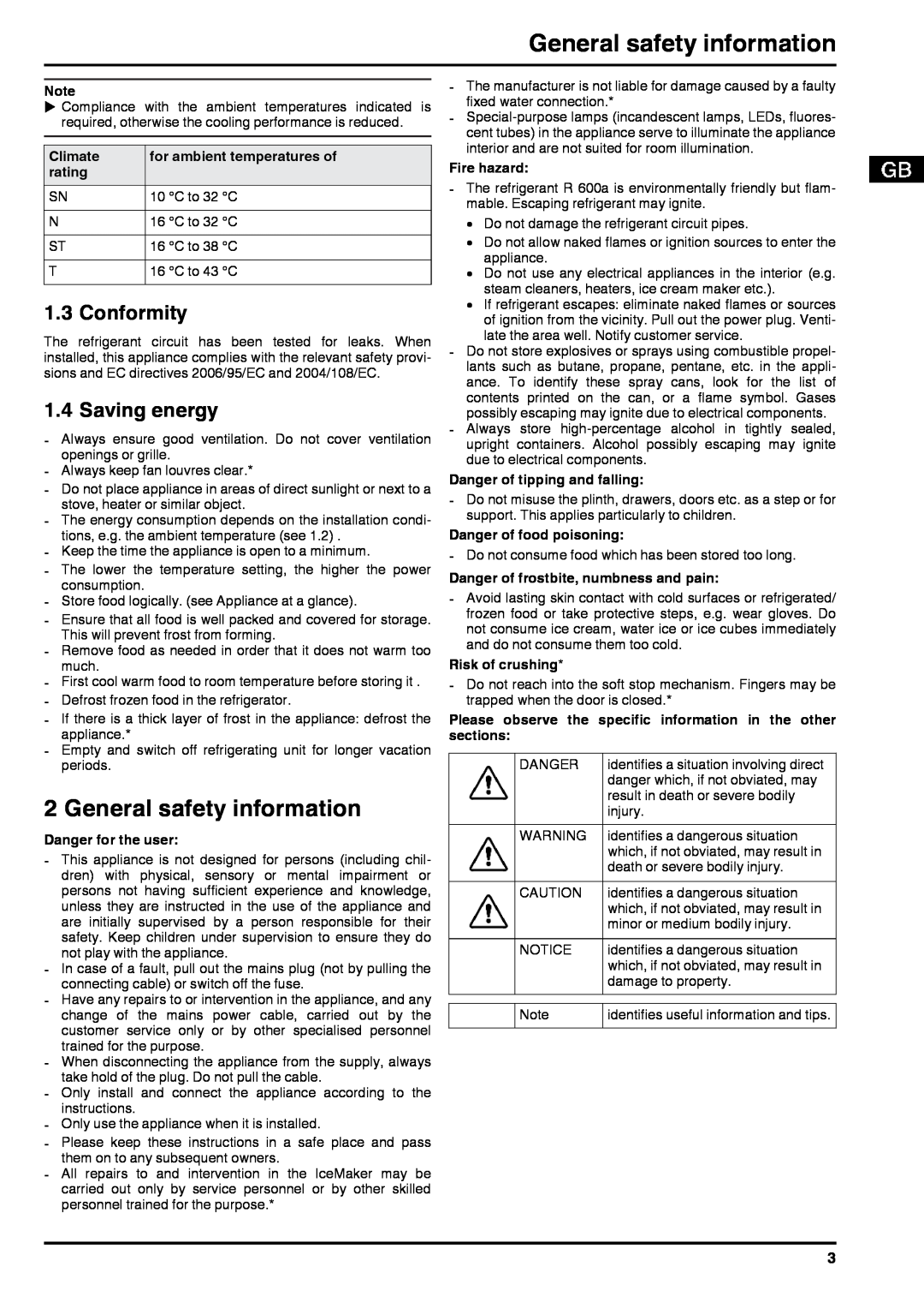 Liebherr 7084284-03 General safety information, Conformity, Saving energy, Climate, for ambient temperatures of, rating 