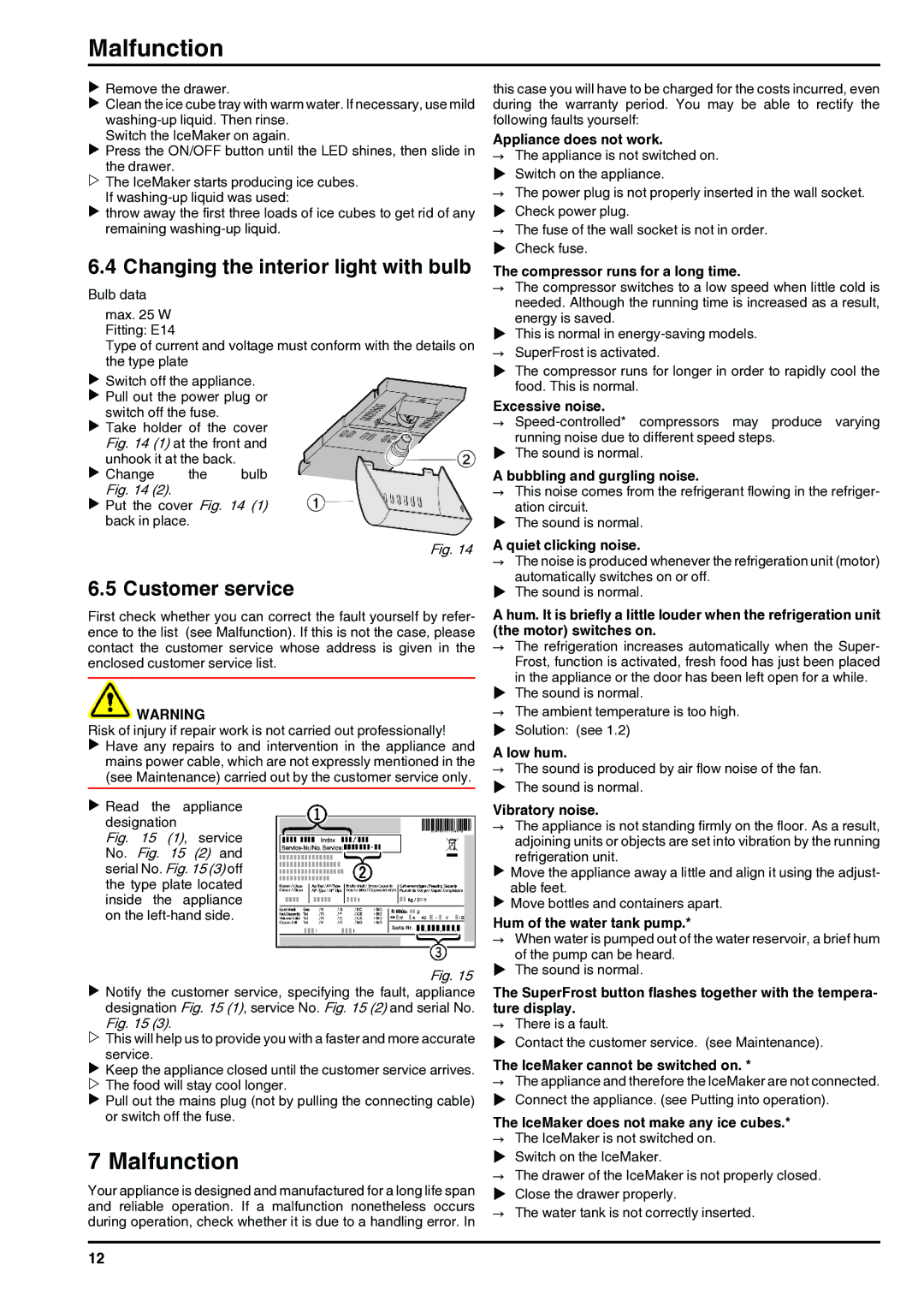 Liebherr 7084376 - 03 operating instructions Malfunction, Changing the interior light with bulb, Customer service 