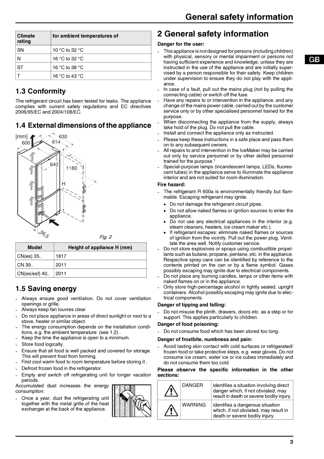 Liebherr 7084376 - 03 General safety information, Conformity, External dimensions of the appliance, Saving energy 