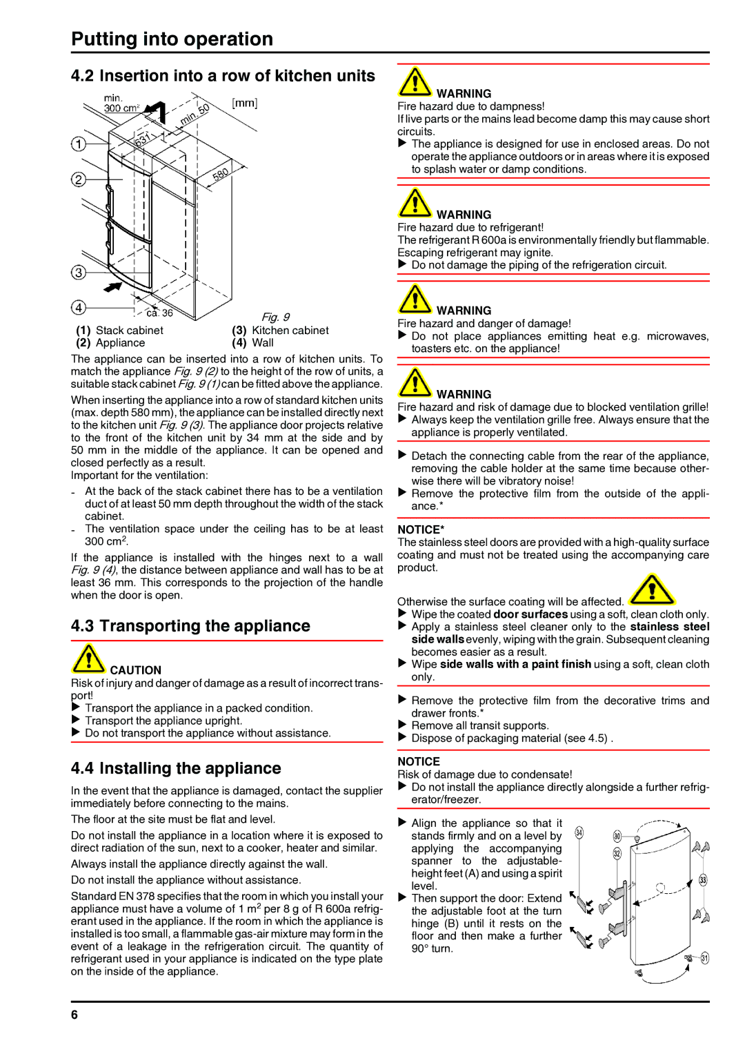 Liebherr 7084376 - 03 Insertion into a row of kitchen units, Transporting the appliance, Installing the appliance 