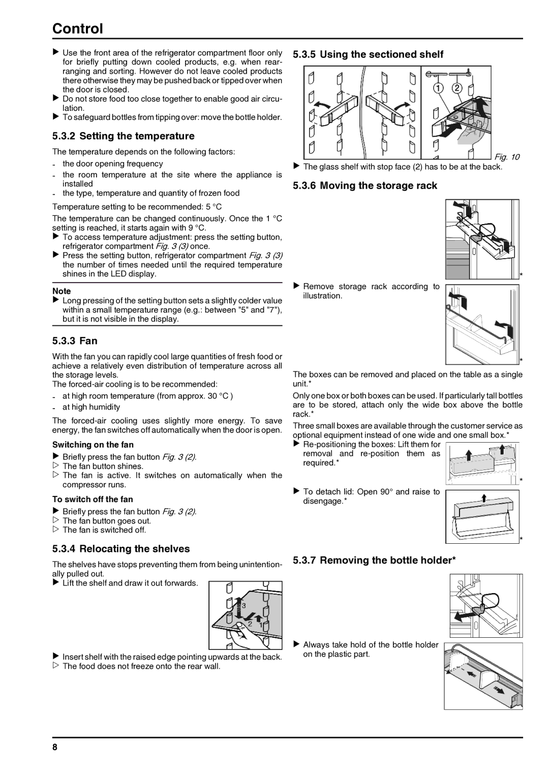 Liebherr 7084376 - 03 Setting the temperature, 3 Fan, Relocating the shelves, Using the sectioned shelf 