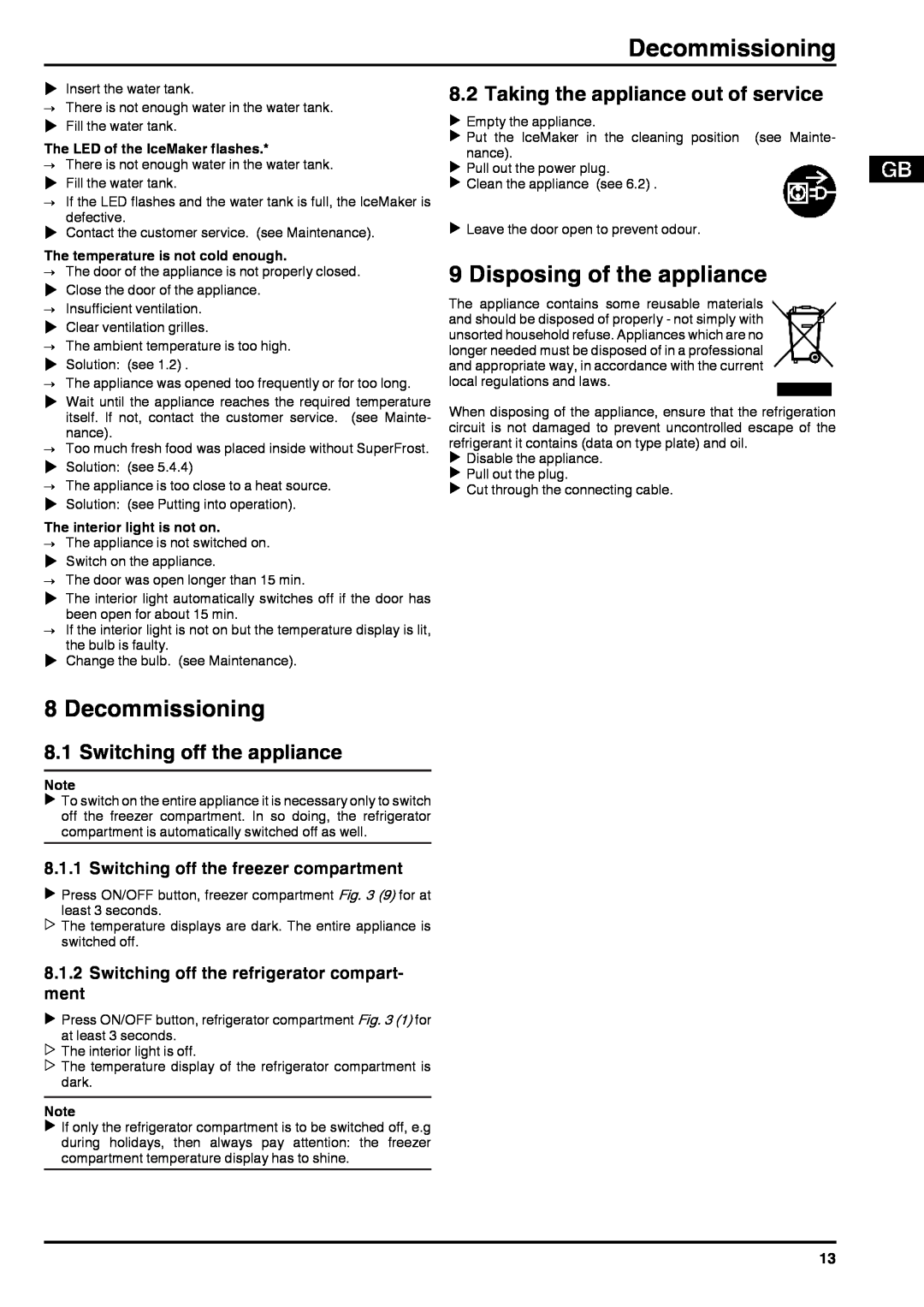 Liebherr 7084376 - 03 operating instructions Decommissioning, Disposing of the appliance, Switching off the appliance 