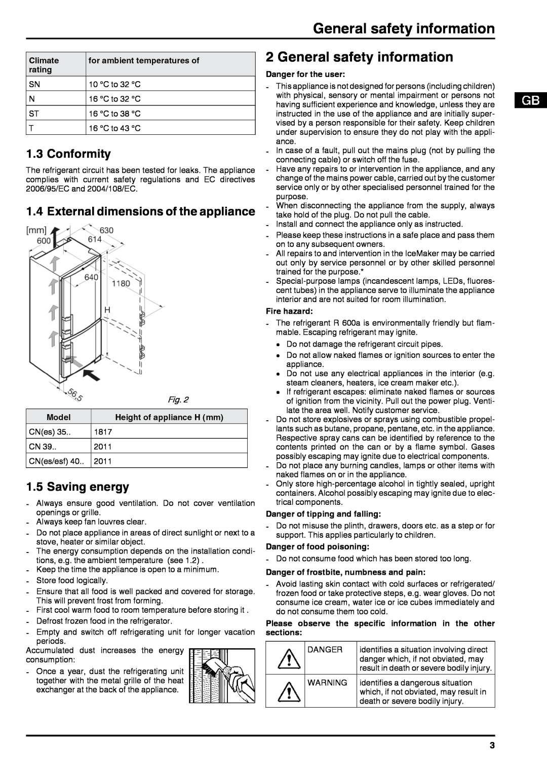 Liebherr 7084376 - 03 General safety information, Conformity, External dimensions of the appliance, Saving energy, Climate 