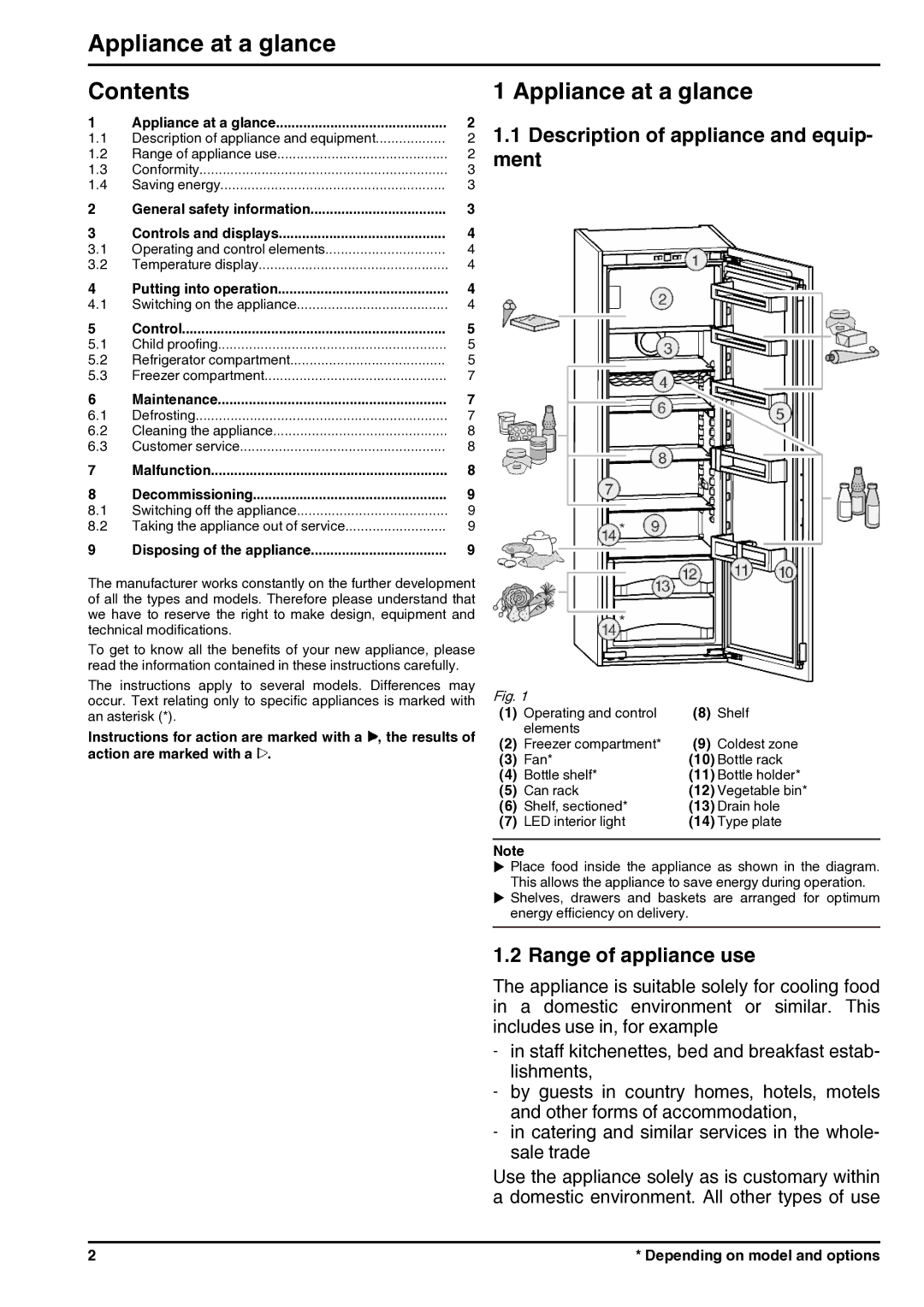 Liebherr 7085400-01 operating instructions Appliance at a glance, Contents 