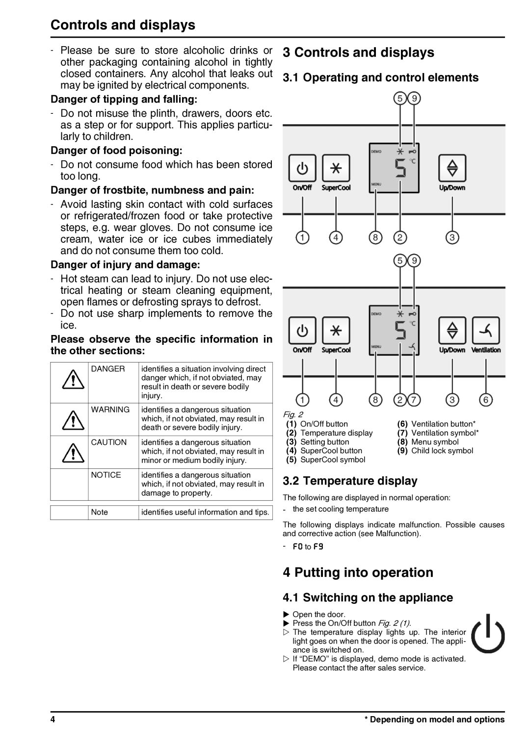 Liebherr 7085400-01 operating instructions Controls and displays, Putting into operation 