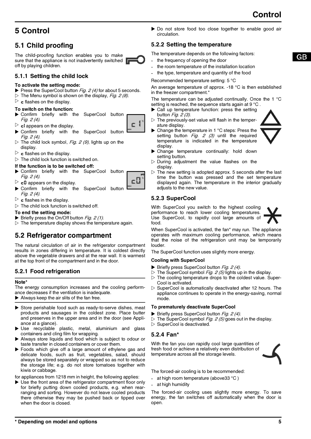 Liebherr 7085400-01 operating instructions Control, Child proofing, Refrigerator compartment 