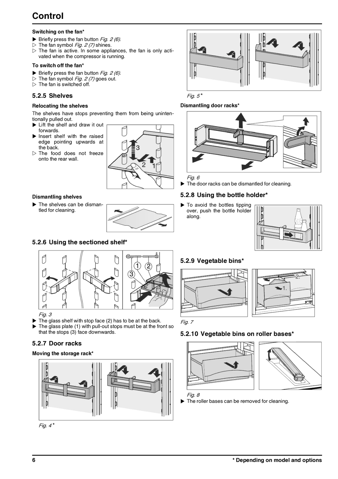 Liebherr 7085400-01 operating instructions Shelves, Using the sectioned shelf, Door racks, Using the bottle holder 