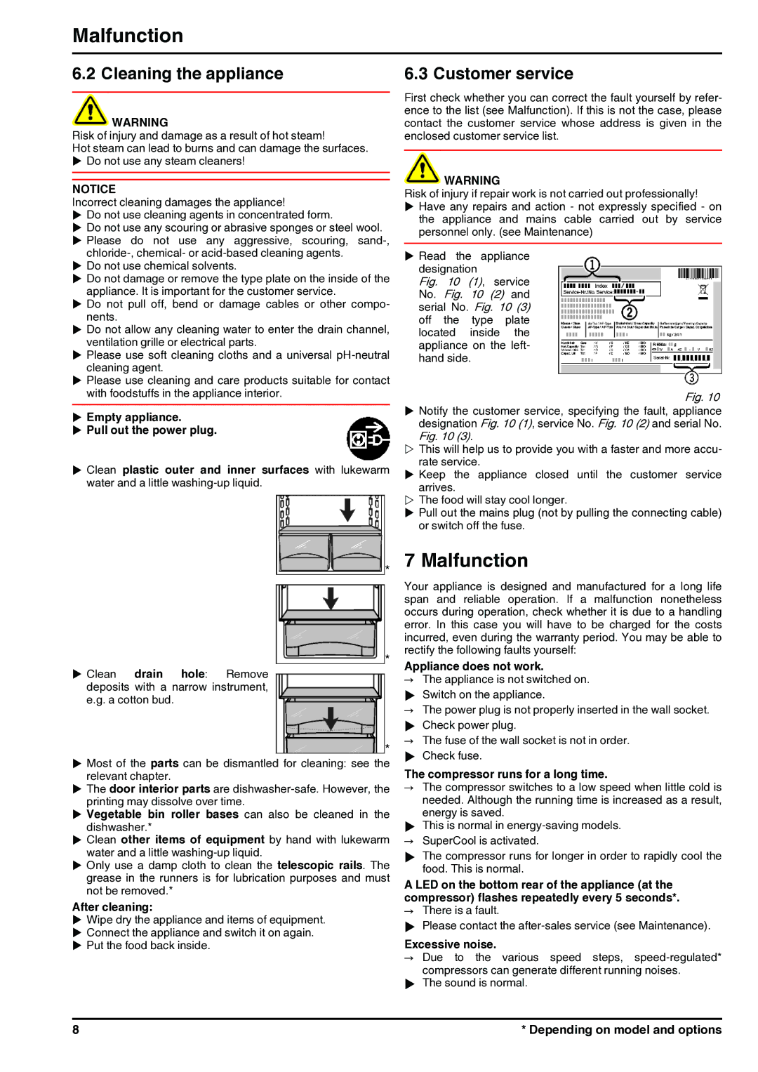 Liebherr 7085400-01 operating instructions Malfunction, Cleaning the appliance, Customer service 