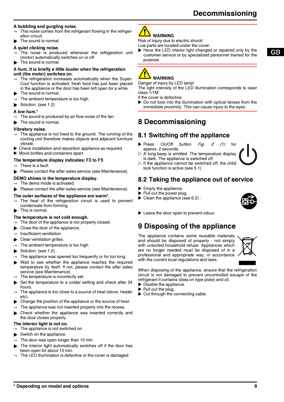 Liebherr 7085400-01 operating instructions Decommissioning, Disposing of the appliance, Switching off the appliance 