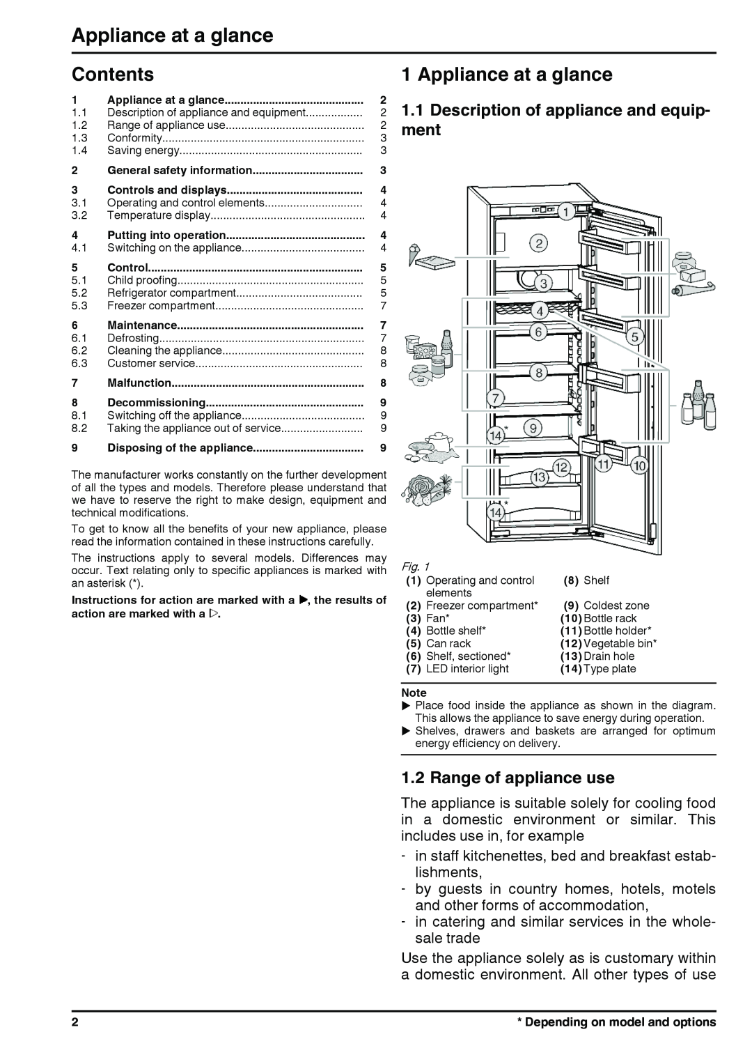 Liebherr 7085400-01 Appliance at a glance, Contents, Description of appliance and equip- ment, Range of appliance use 