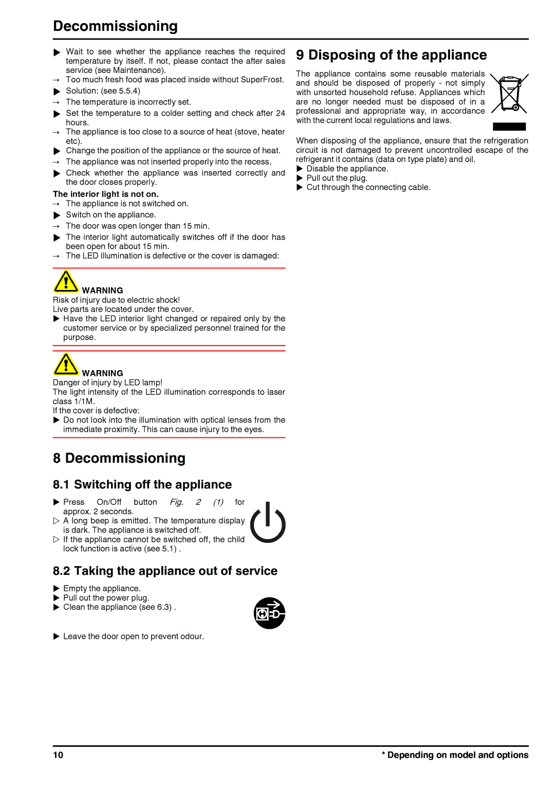 Liebherr 7085446-01 manual Decommissioning, Disposing of the appliance, Switching off the appliance 