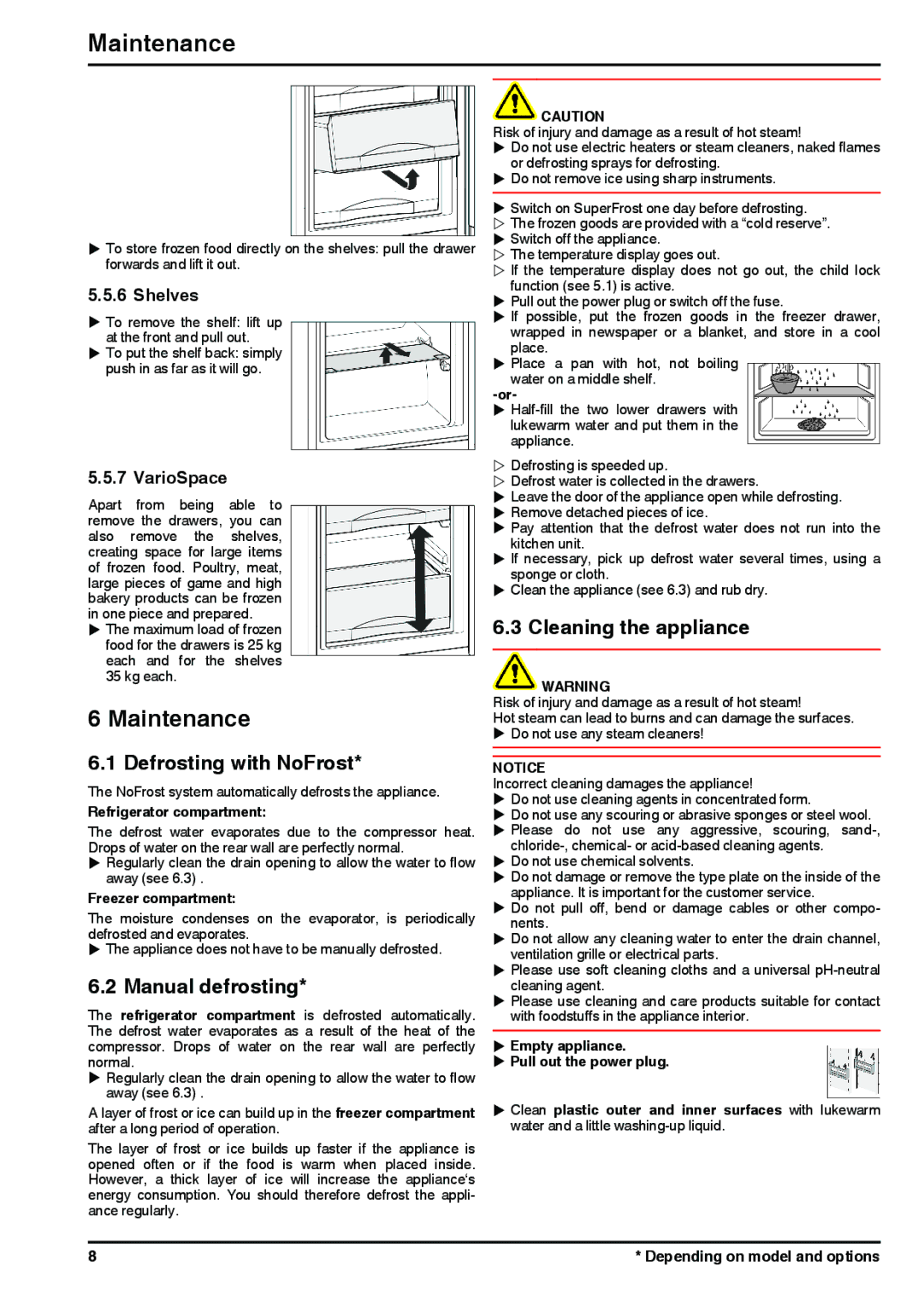 Liebherr 7085446-01 manual Maintenance, Defrosting with NoFrost, Manual defrosting, Cleaning the appliance 