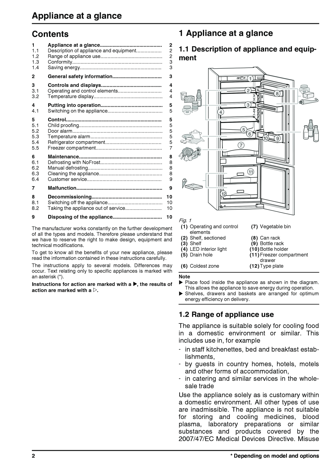 Liebherr 7085446-01 Appliance at a glance, Contents, Description of appliance and equip, ment, Range of appliance use 