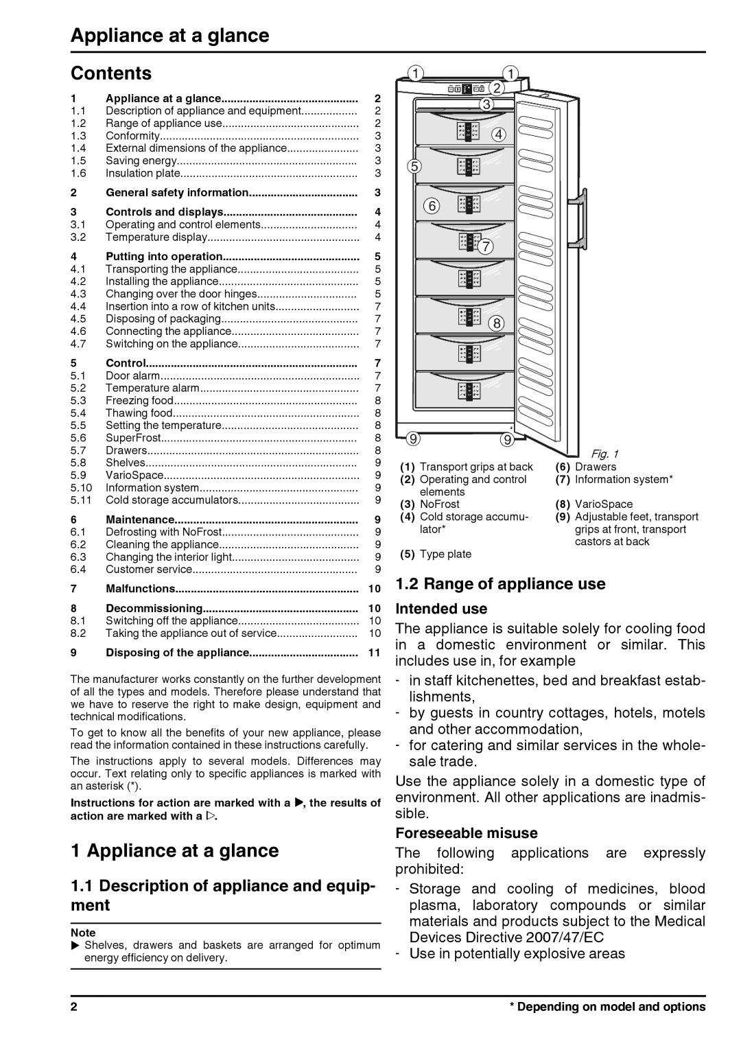 Liebherr 7085592-01 manual Appliance at a glance, Contents 