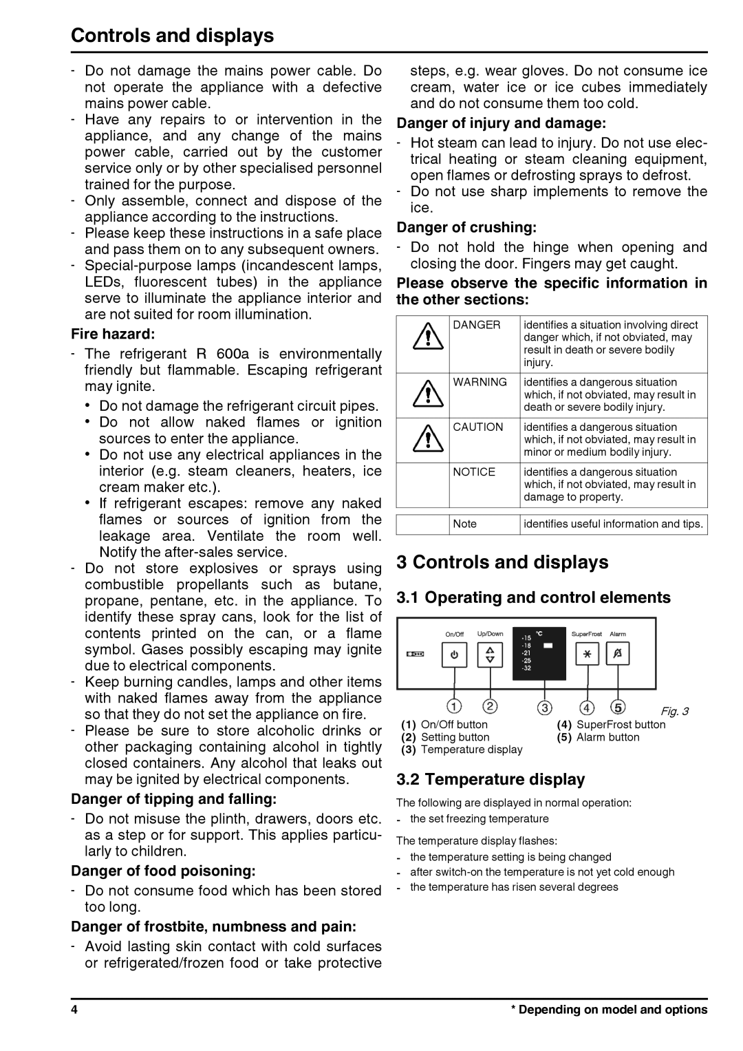 Liebherr 7085592-01 manual Controls and displays, Operating and control elements, Temperature display, Fire hazard 