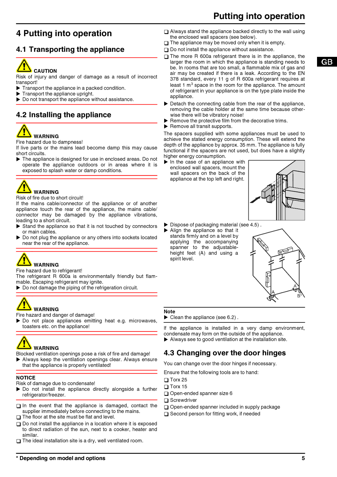 Liebherr 7085592-01 manual Putting into operation, Transporting the appliance, Installing the appliance 