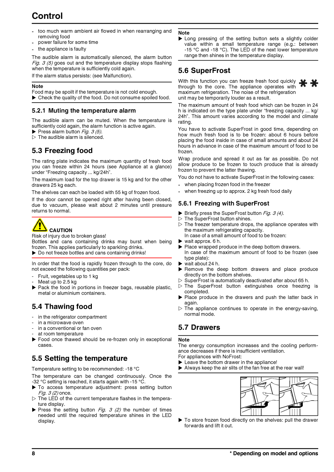 Liebherr 7085592-01 manual Freezing food, Thawing food, Setting the temperature, SuperFrost, Drawers 