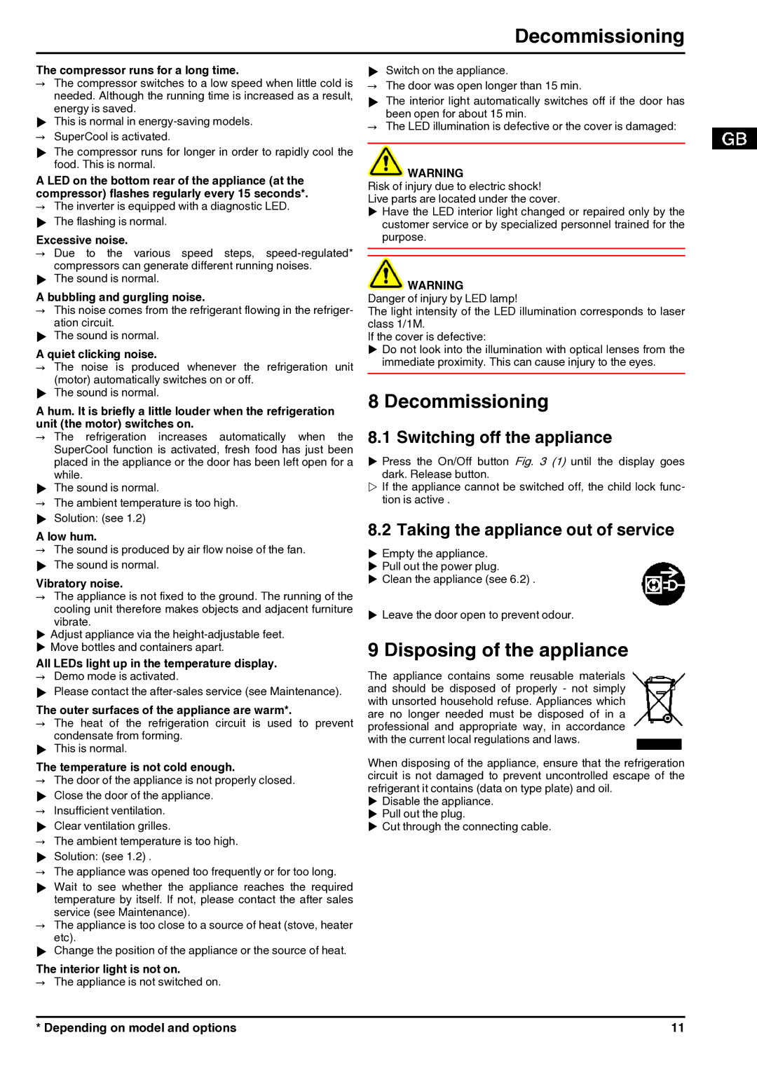 Liebherr 7085638-01 operating instructions Decommissioning, Disposing of the appliance, Switching off the appliance 