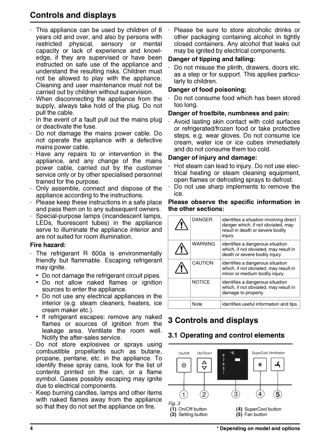 Liebherr 7085638-01 operating instructions Controls and displays, Operating and control elements, Fire hazard 