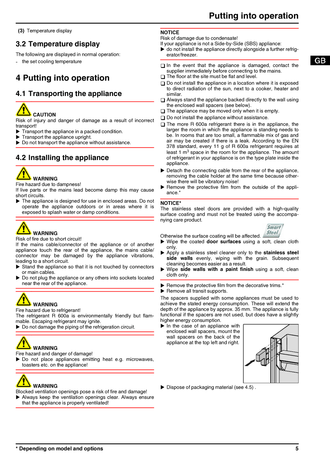 Liebherr 7085638-01 Putting into operation, Temperature display, Transporting the appliance, Installing the appliance 