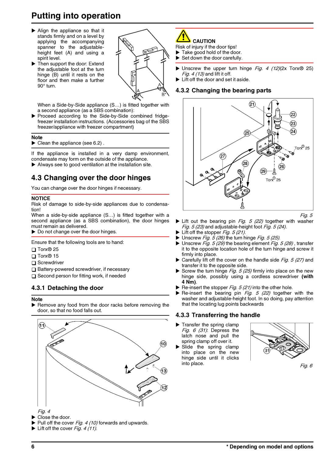 Liebherr 7085638-01 operating instructions Changing over the door hinges, Detaching the door, Changing the bearing parts 