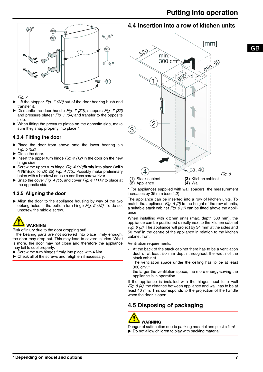 Liebherr 7085638-01 Insertion into a row of kitchen units, Disposing of packaging, Fitting the door, Aligning the door 