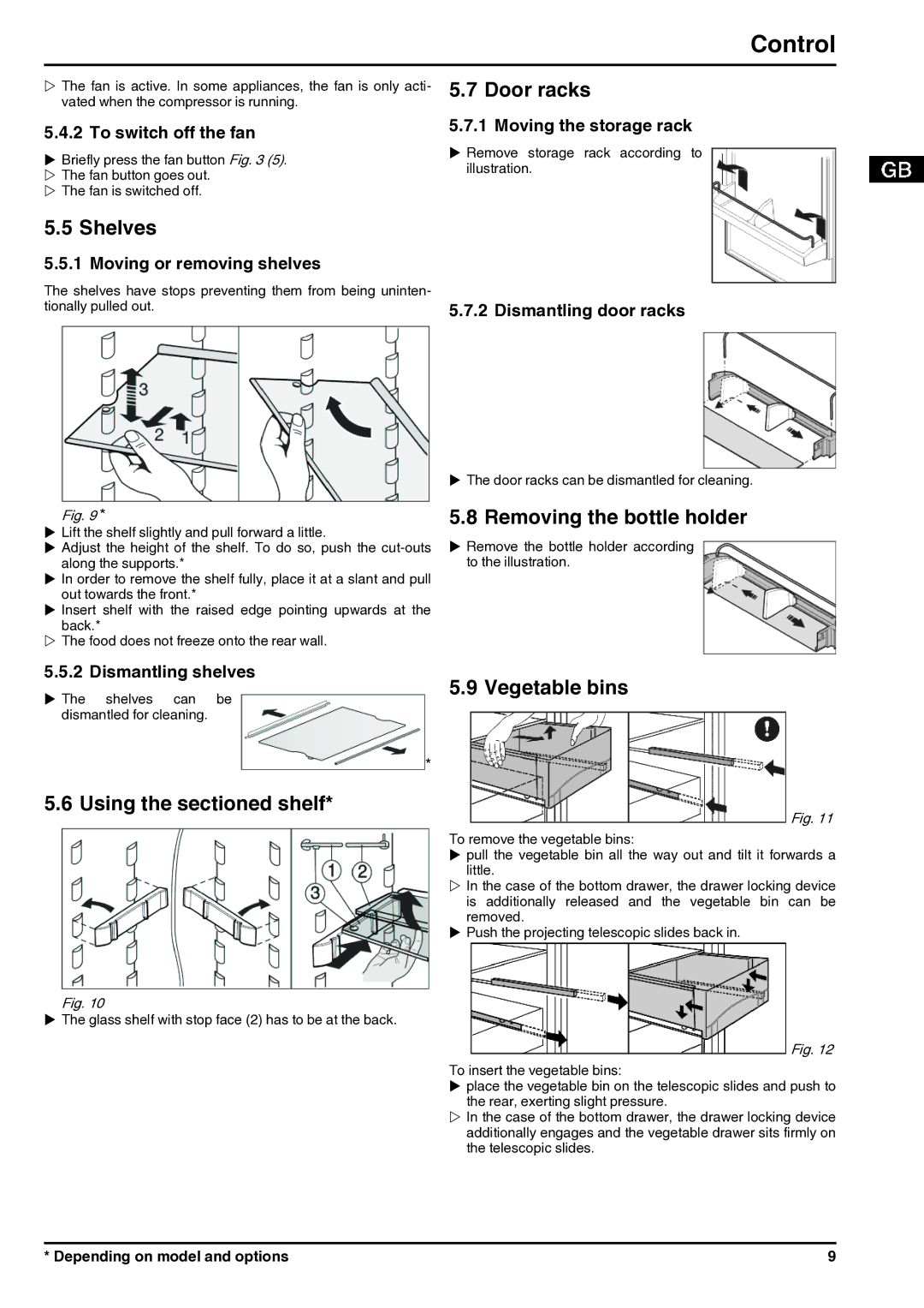 Liebherr 7085638-01 Shelves, Using the sectioned shelf, Door racks, Removing the bottle holder, Vegetable bins 