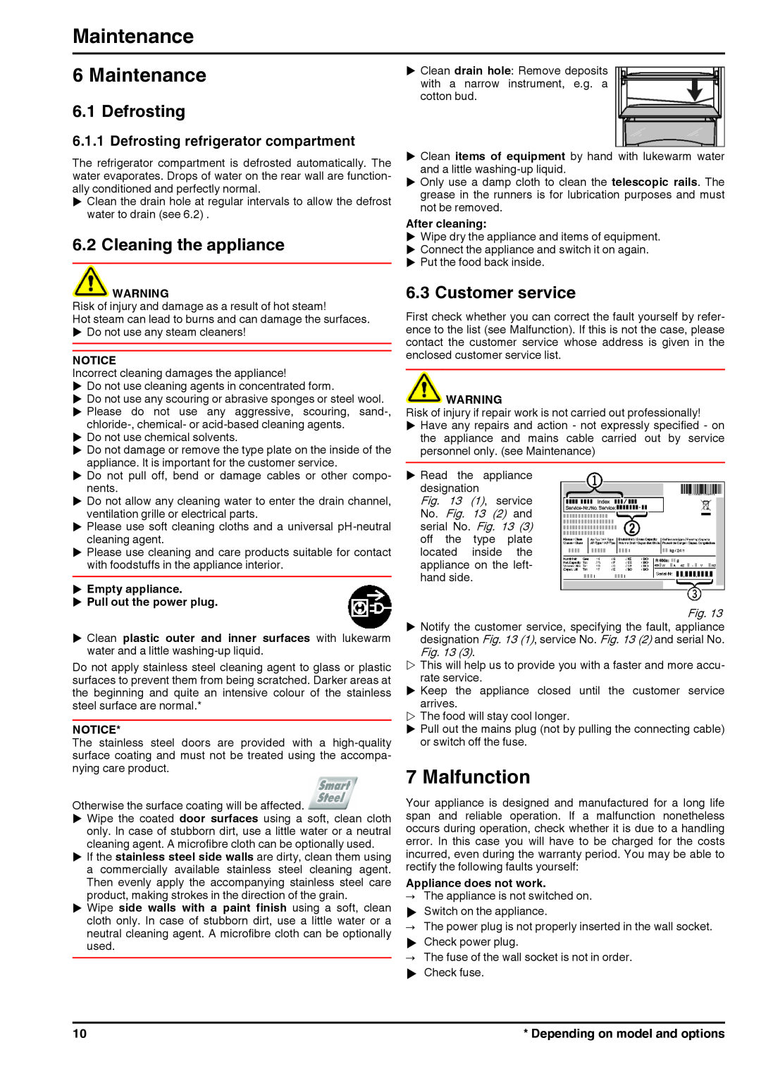Liebherr 7085638-01 operating instructions Maintenance, Malfunction, Defrosting, Cleaning the appliance, Customer service 