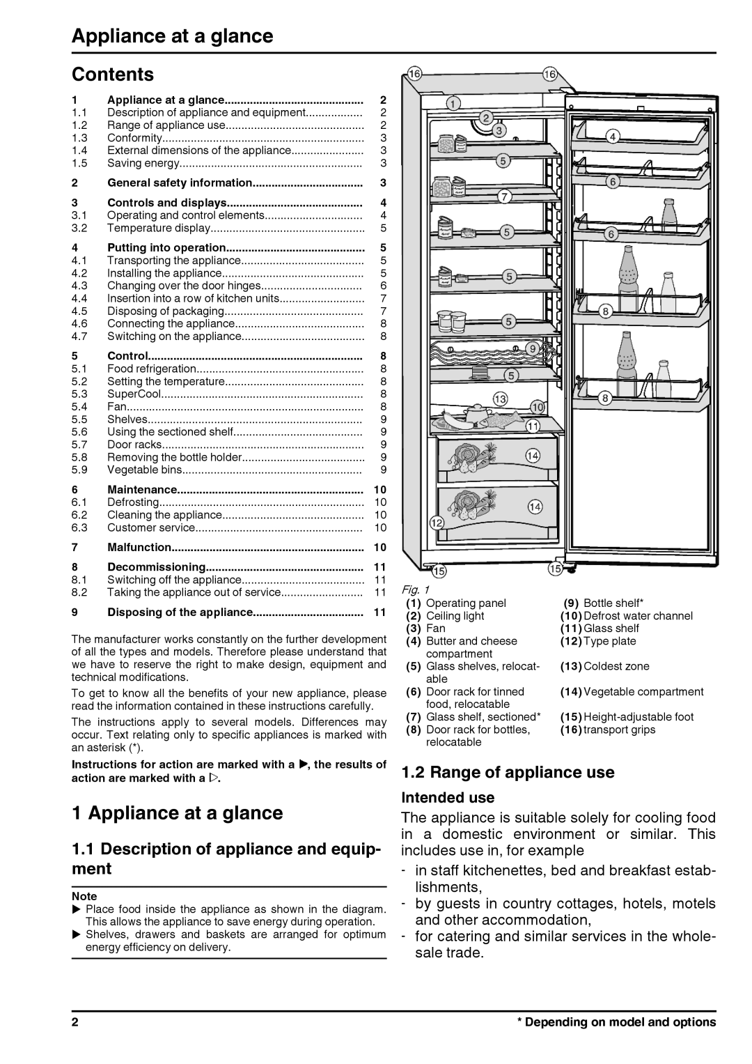 Liebherr 7085638-01 Appliance at a glance, Contents, Description of appliance and equip- ment, Range of appliance use 