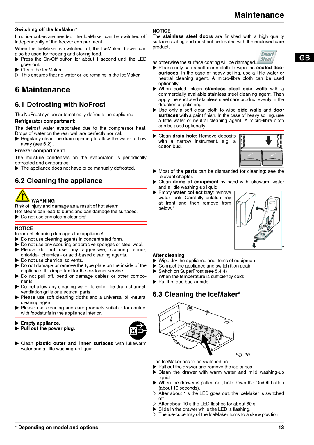 Liebherr 200514, 7085682 - 01 manual Maintenance, Defrosting with NoFrost, Cleaning the appliance, Cleaning the IceMaker 