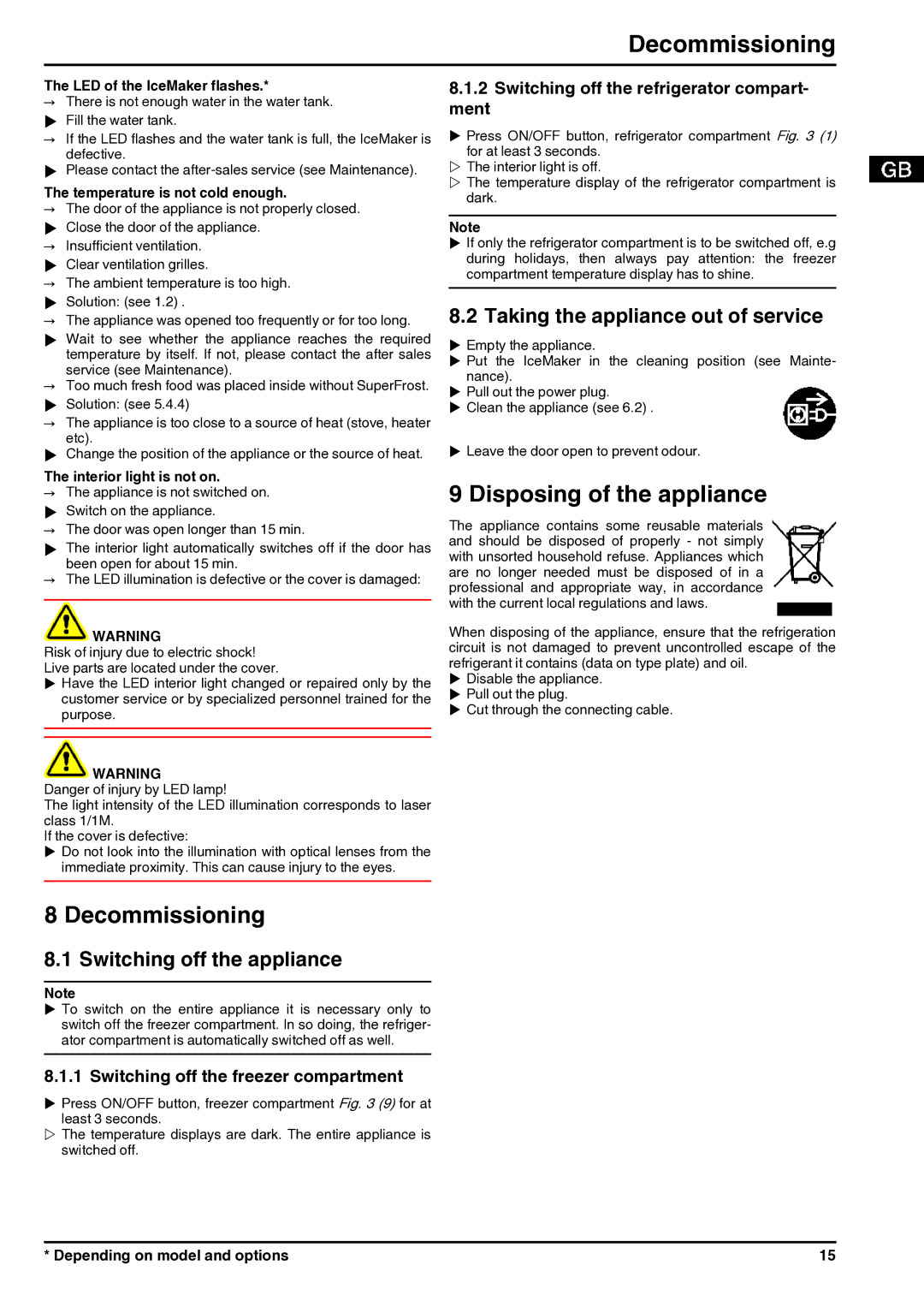 Liebherr 200514, 7085682 - 01 manual Decommissioning, Disposing of the appliance, Switching off the appliance 