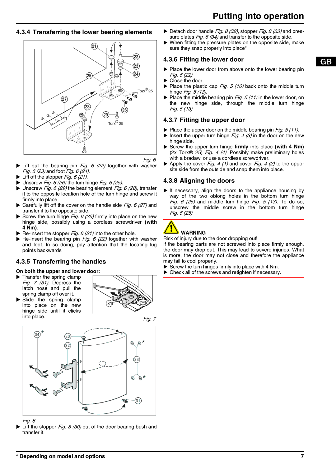 Liebherr 200514, 7085682 - 01 manual Transferring the lower bearing elements, Fitting the lower door, Fitting the upper door 