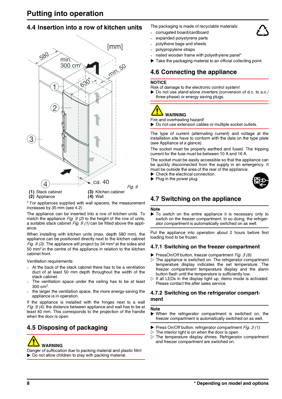 Liebherr 7085682 - 01, 200514 manual Insertion into a row of kitchen units, Disposing of packaging, Connecting the appliance 