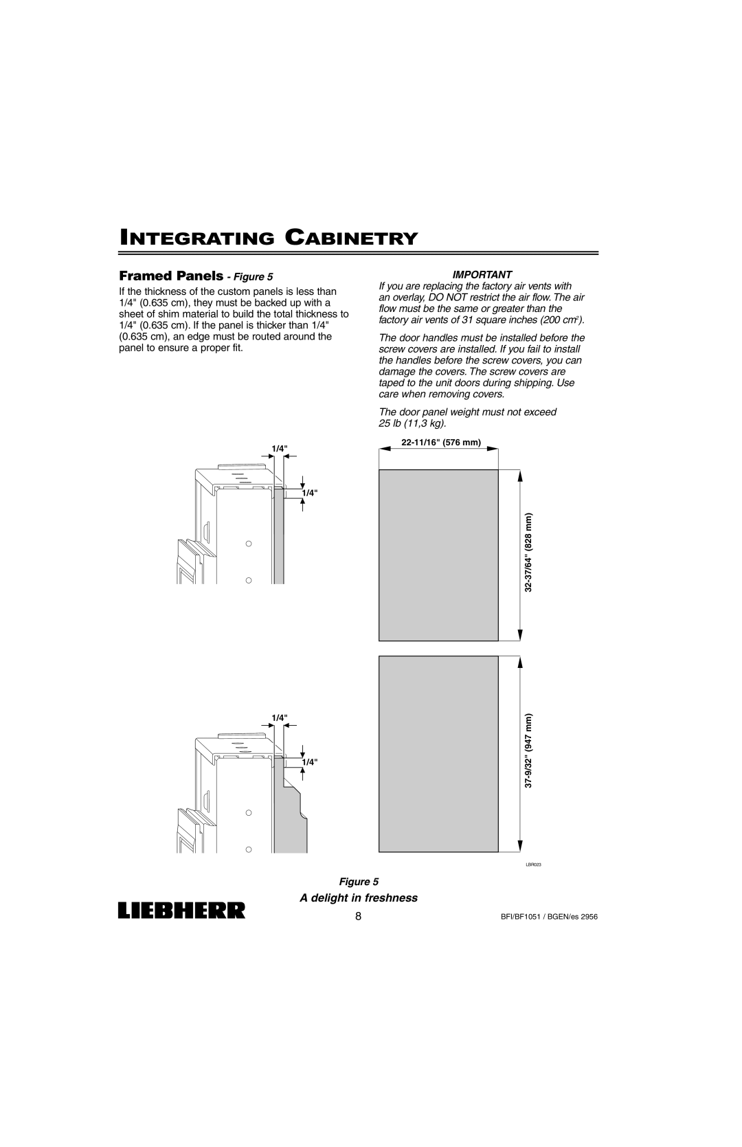 Liebherr BFI1051, BF1051 installation instructions Integrating Cabinetry, Framed Panels Figure 