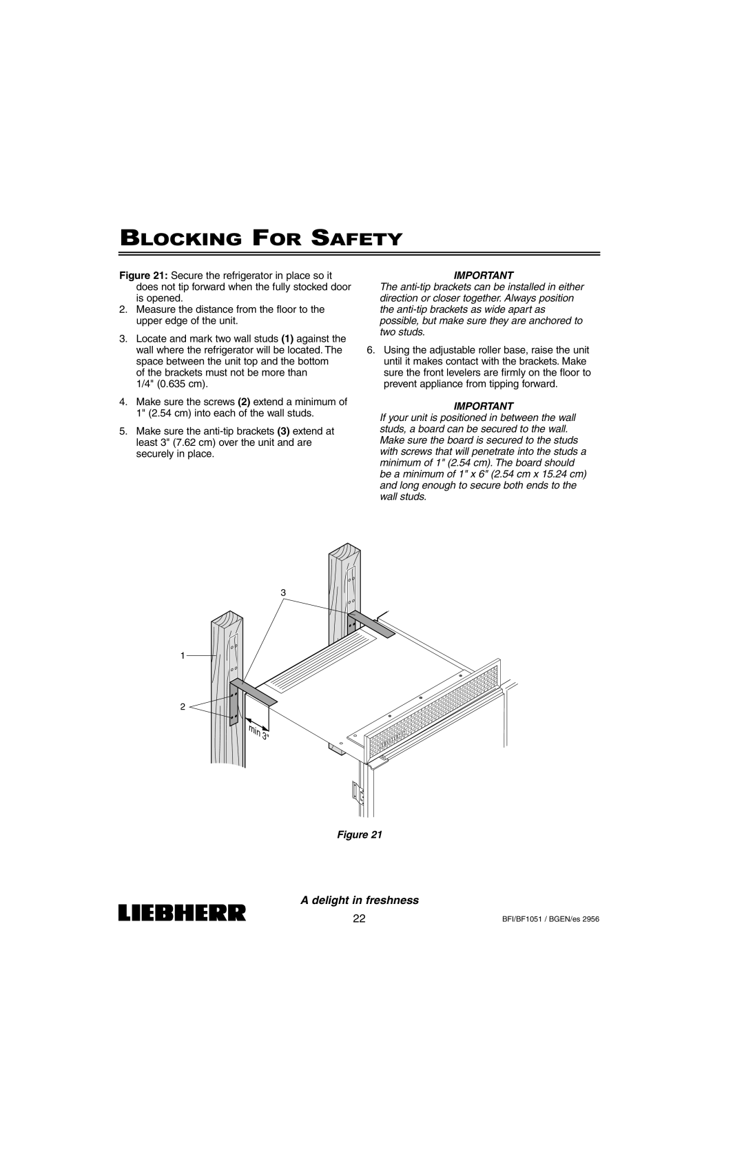 Liebherr BFI1051, BF1051 installation instructions Blocking for Safety 