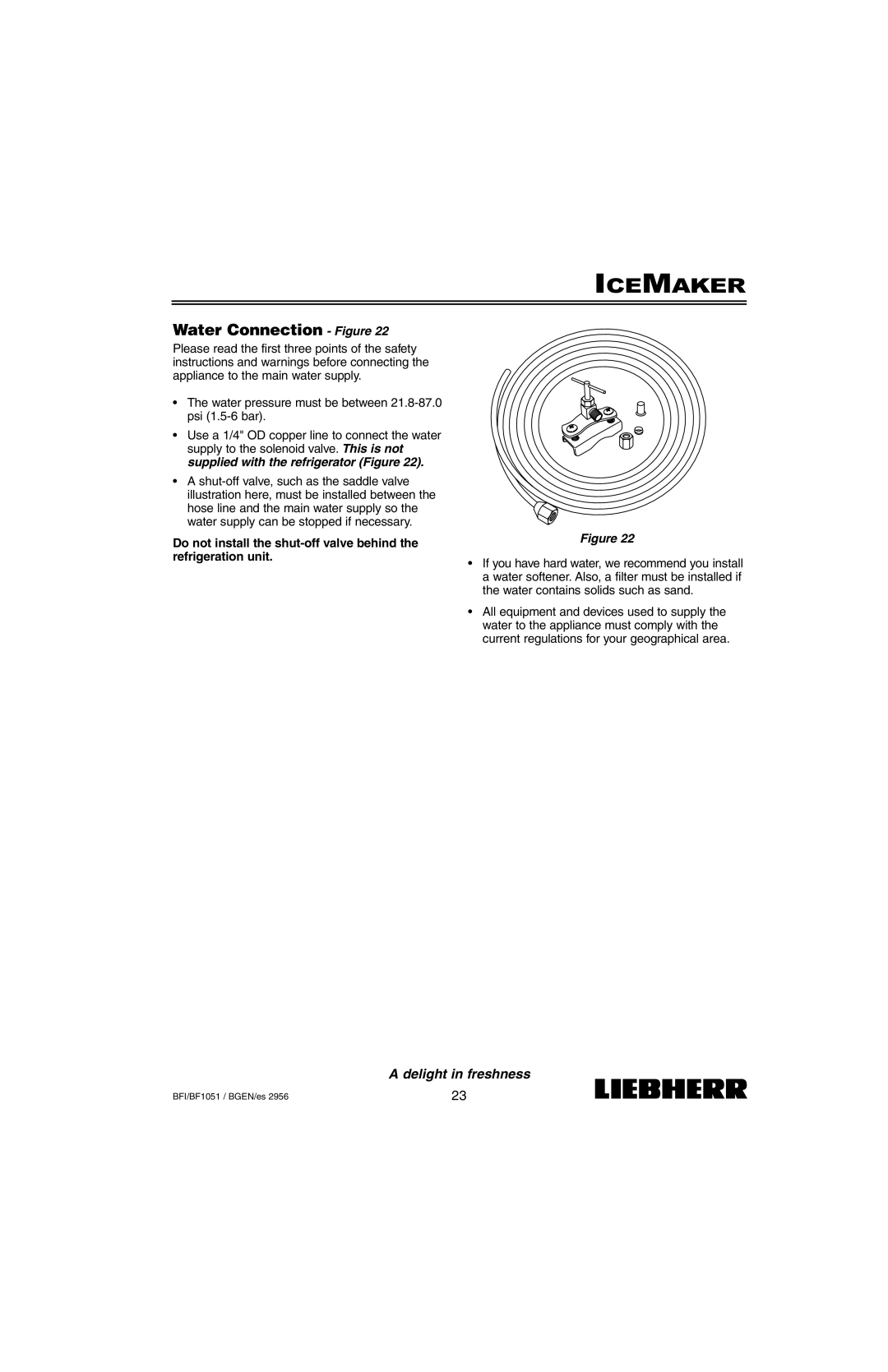 Liebherr BF1051, BFI1051 installation instructions Icemaker, Water Connection Figure 