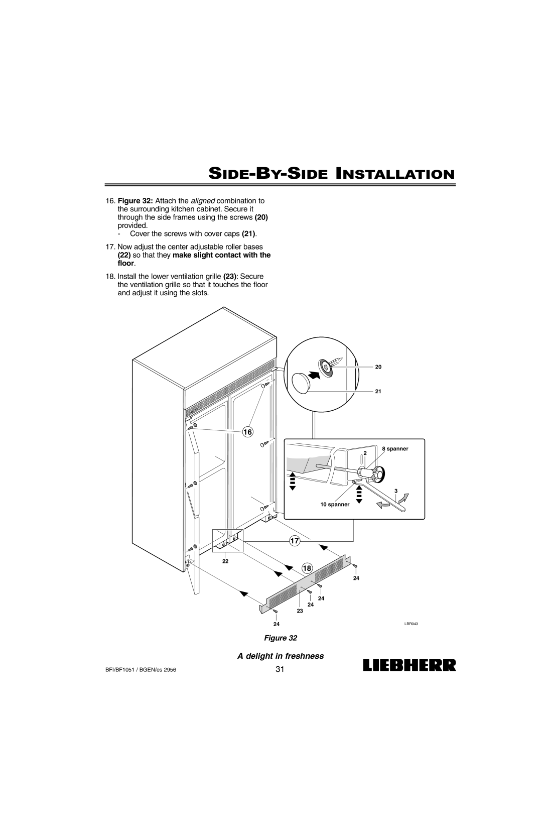 Liebherr BF1051, BFI1051 installation instructions Spanner 