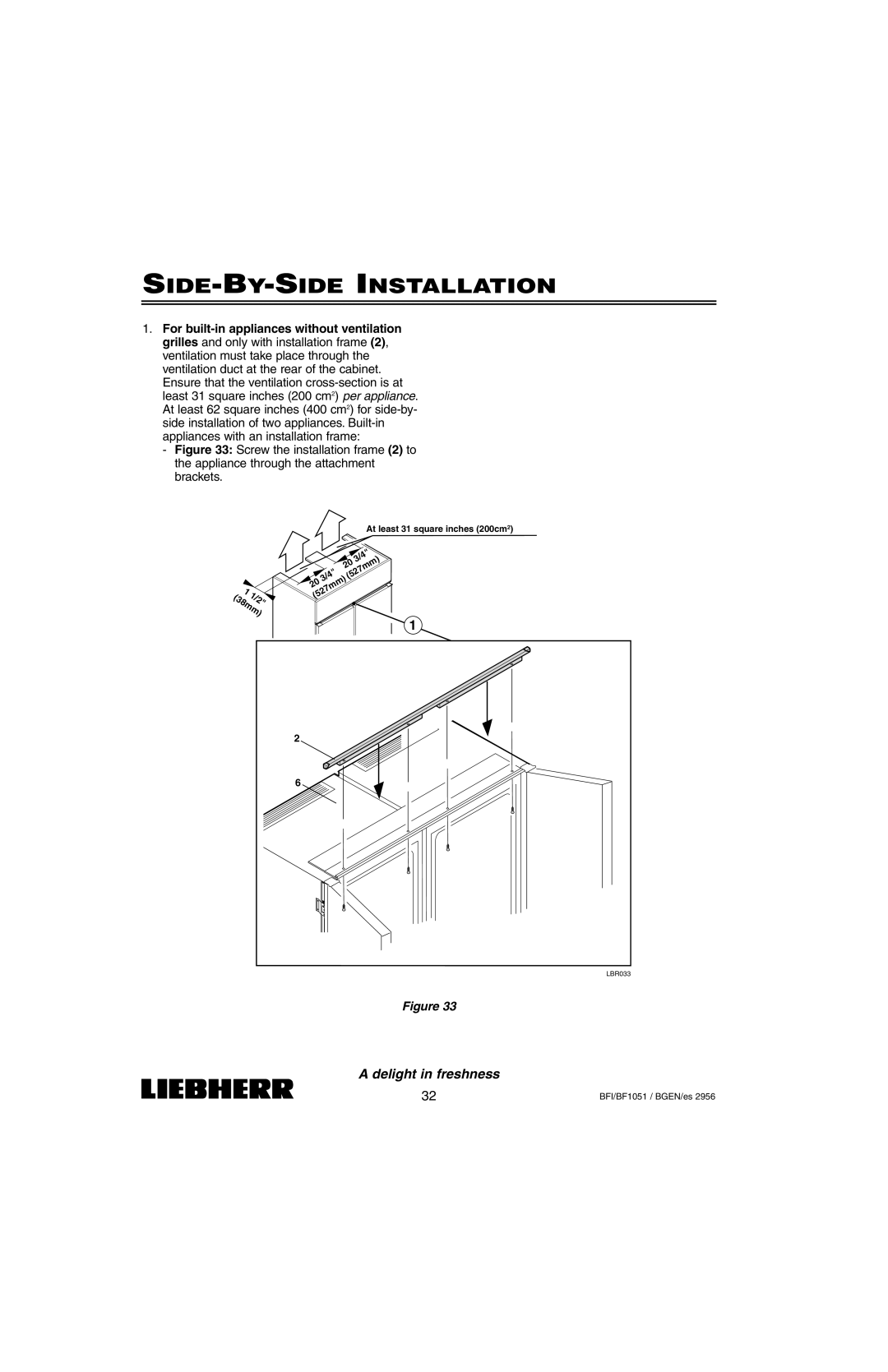 Liebherr BFI1051, BF1051 installation instructions SIDE-BY-SIDE Installation 