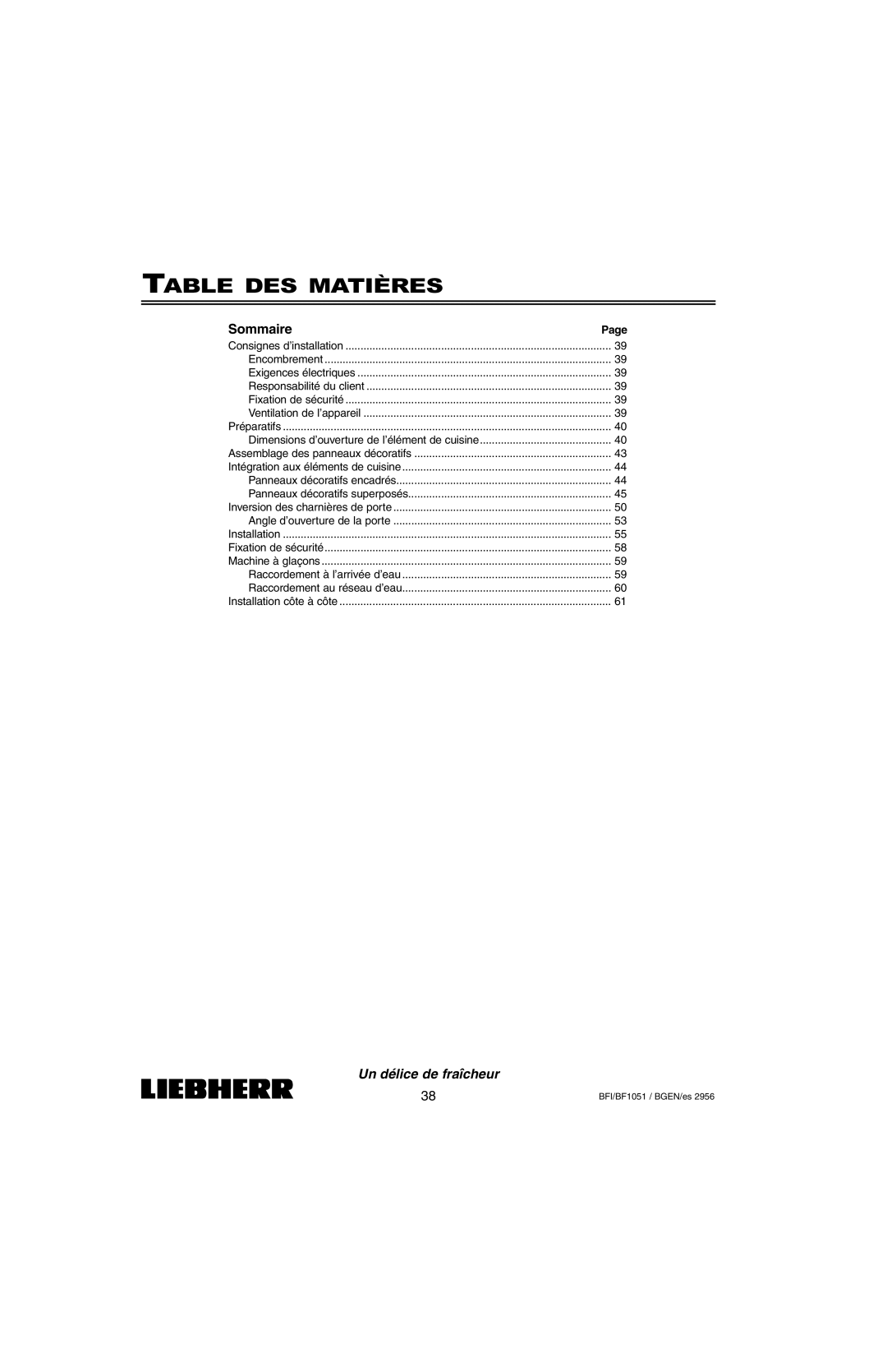 Liebherr BFI1051, BF1051 installation instructions Table DES Matières, Sommaire 