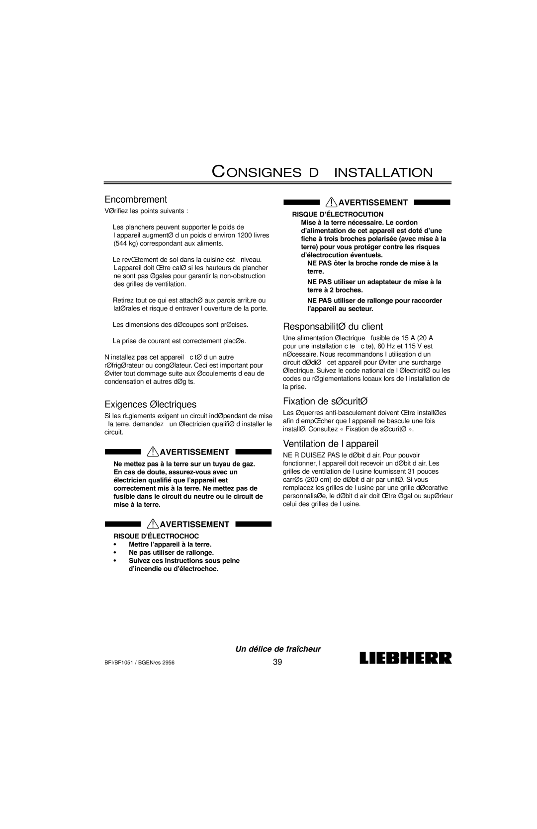 Liebherr BF1051, BFI1051 installation instructions Consignes D’INSTALLATION 