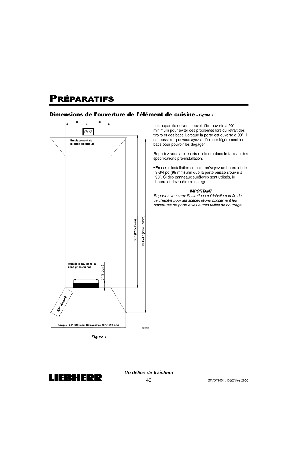 Liebherr BFI1051, BF1051 installation instructions Préparatifs, Dimensions de l’ouverture de l’élément de cuisine Figure 