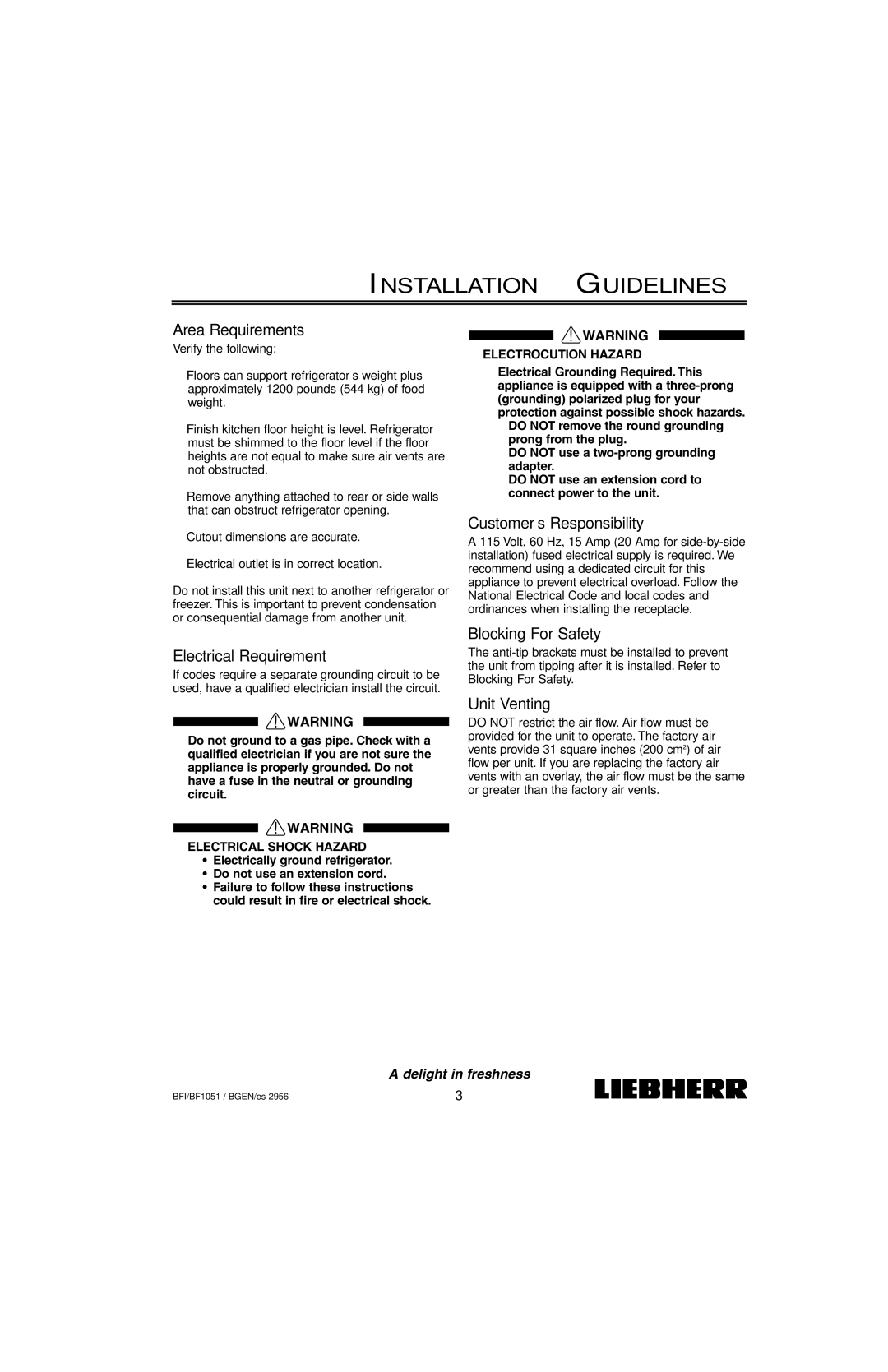 Liebherr BF1051, BFI1051 installation instructions Installation Guidelines 