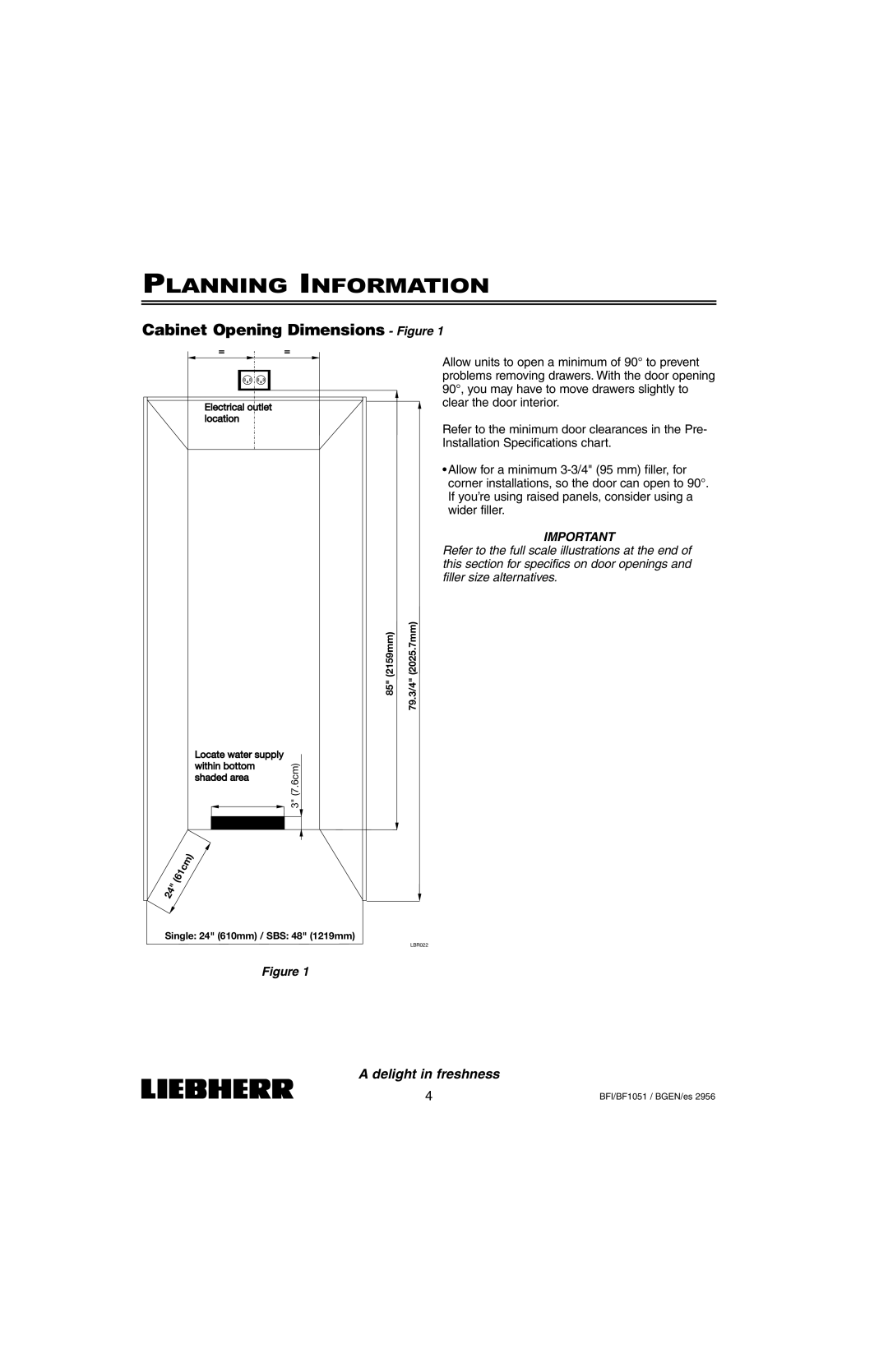 Liebherr BFI1051, BF1051 installation instructions Planning Information, Cabinet Opening Dimensions Figure 