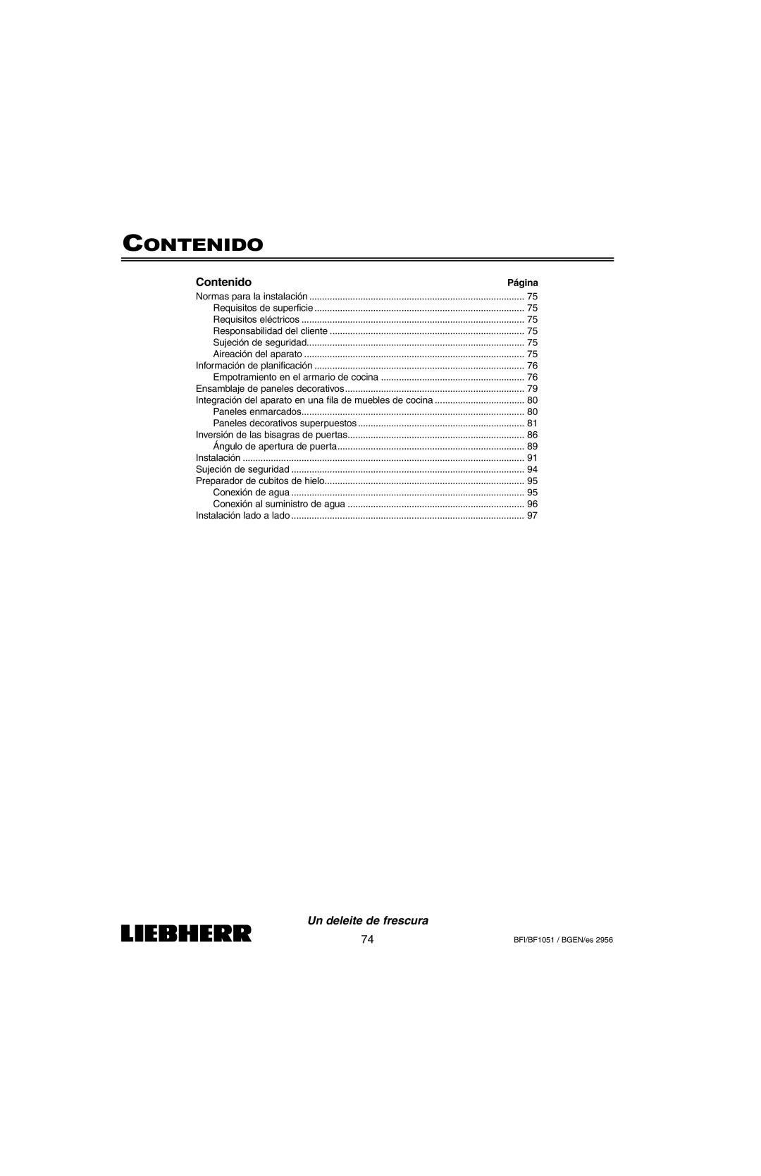 Liebherr BFI1051, BF1051 installation instructions Contenido 