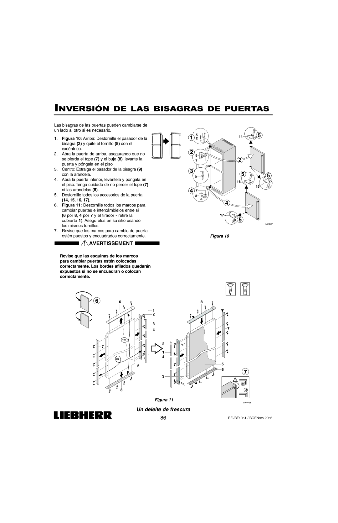 Liebherr BFI1051, BF1051 installation instructions Inversión DE LAS Bisagras DE Puertas 