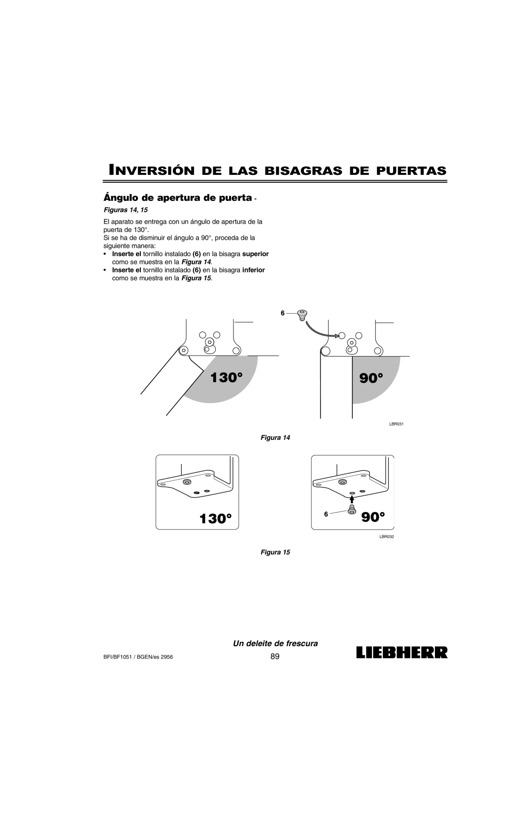 Liebherr BF1051, BFI1051 installation instructions Ángulo de apertura de puerta, Figuras 14 