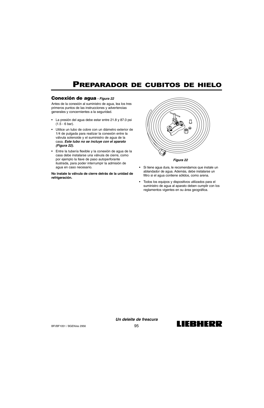 Liebherr BF1051, BFI1051 installation instructions Preparador DE Cubitos DE Hielo, Conexión de agua Figura 